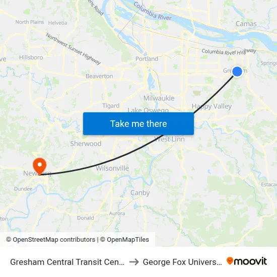 Gresham Central Transit Center to George Fox University map