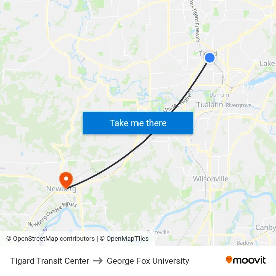 Tigard Transit Center to George Fox University map