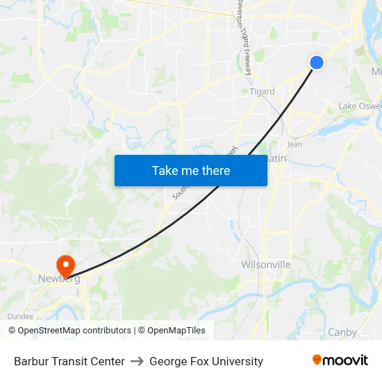 Barbur Transit Center to George Fox University map