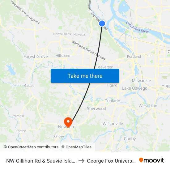 NW Gillihan Rd & Sauvie Island to George Fox University map
