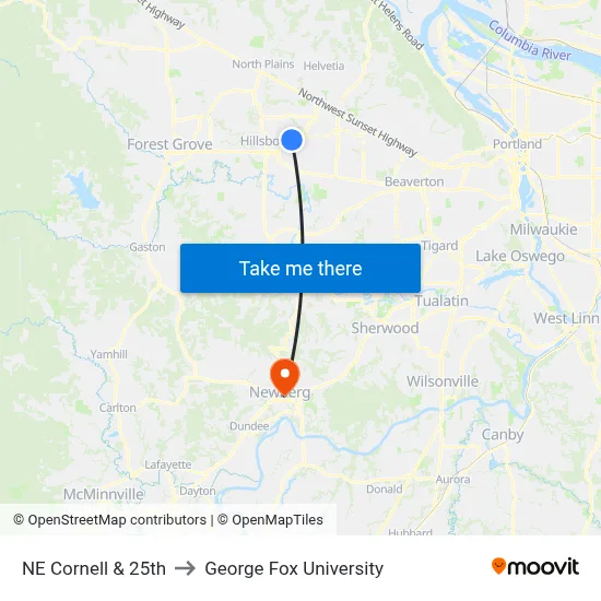 NE Cornell & 25th to George Fox University map