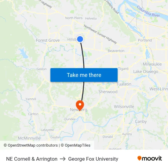 NE Cornell & Arrington to George Fox University map