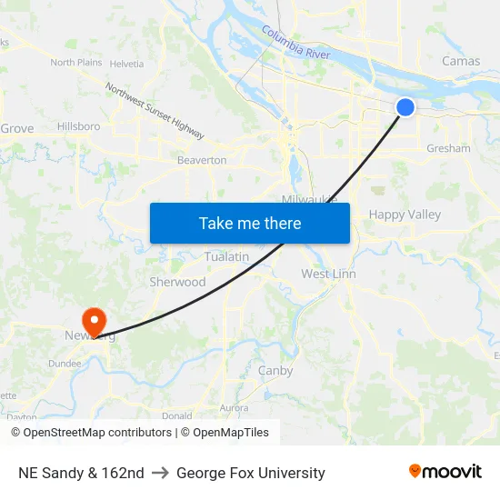 NE Sandy & 162nd to George Fox University map