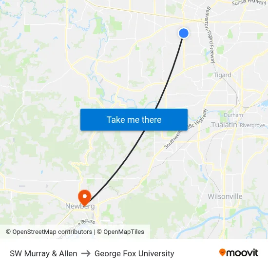 SW Murray & Allen to George Fox University map