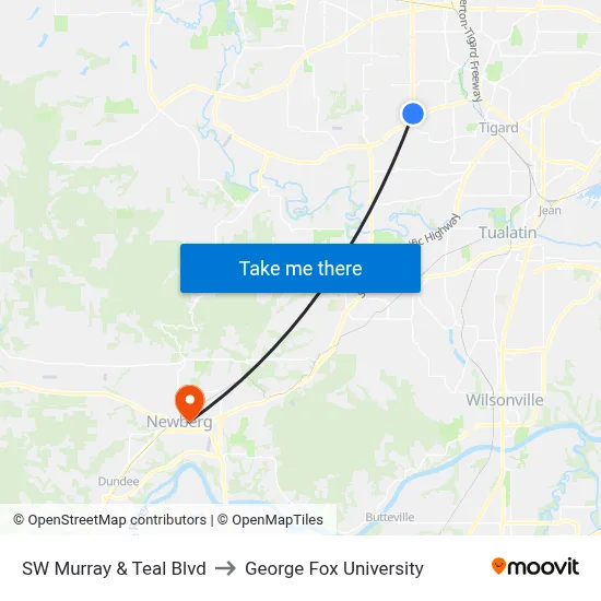 SW Murray & Teal Blvd to George Fox University map
