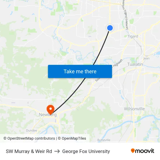 SW Murray & Weir Rd to George Fox University map