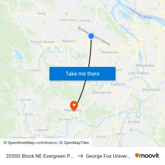 20500 Block NE Evergreen Pkwy to George Fox University map
