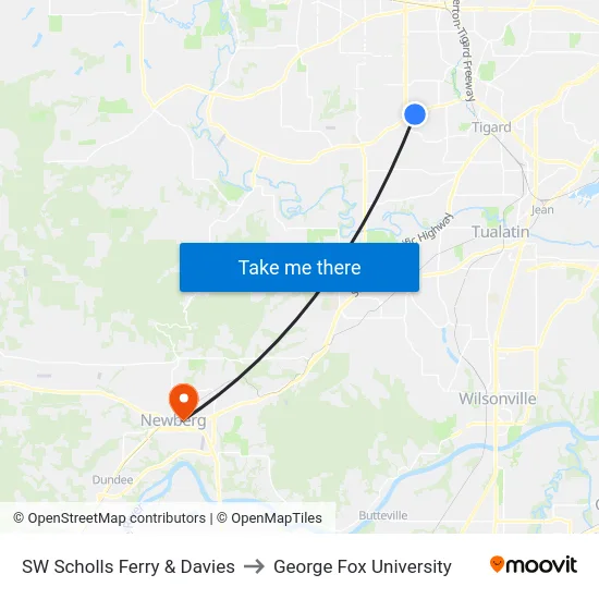 SW Scholls Ferry & Davies to George Fox University map