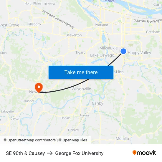 SE 90th & Causey to George Fox University map