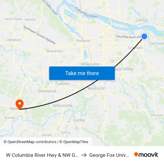 W Columbia River Hwy & NW Graham to George Fox University map