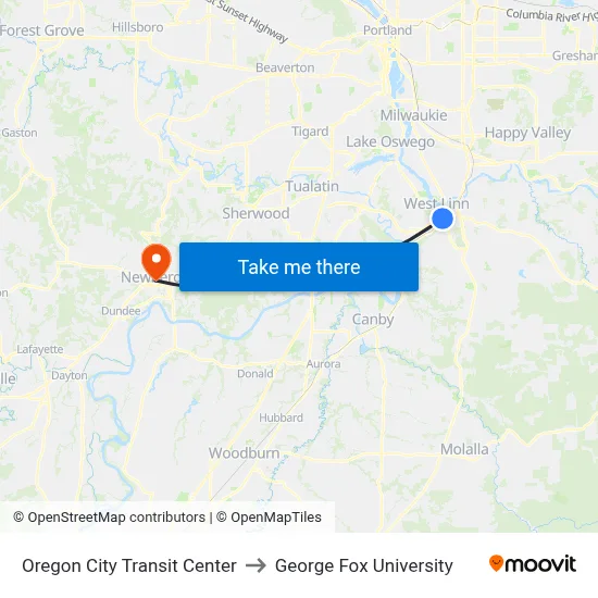 Oregon City Transit Center to George Fox University map