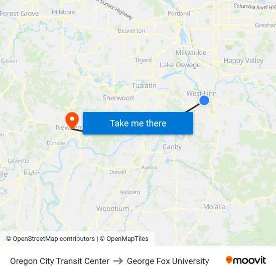 Oregon City Transit Center to George Fox University map