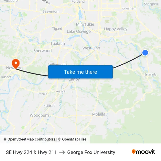 SE Hwy 224 & Hwy 211 to George Fox University map