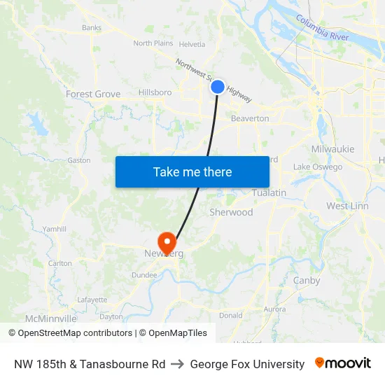 NW 185th & Tanasbourne Rd to George Fox University map