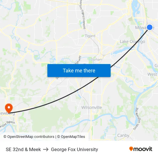 SE 32nd & Meek to George Fox University map