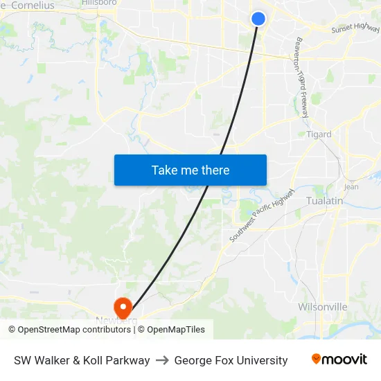 SW Walker & Koll Parkway to George Fox University map