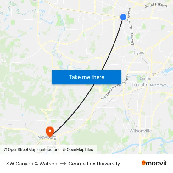 SW Canyon & Watson to George Fox University map