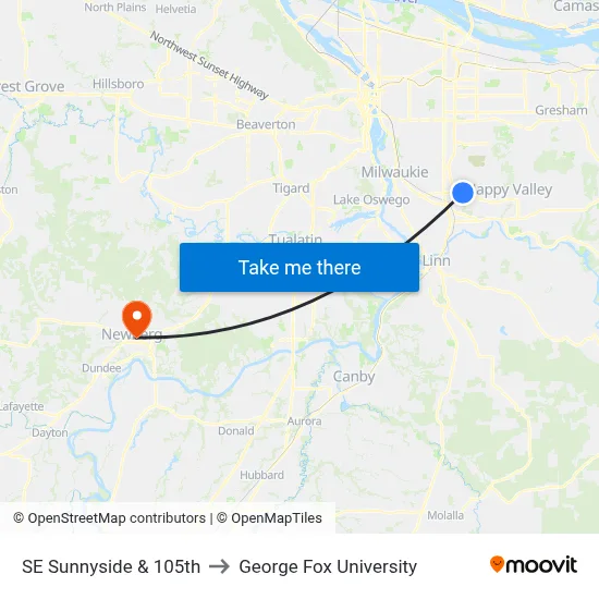 SE Sunnyside & 105th to George Fox University map