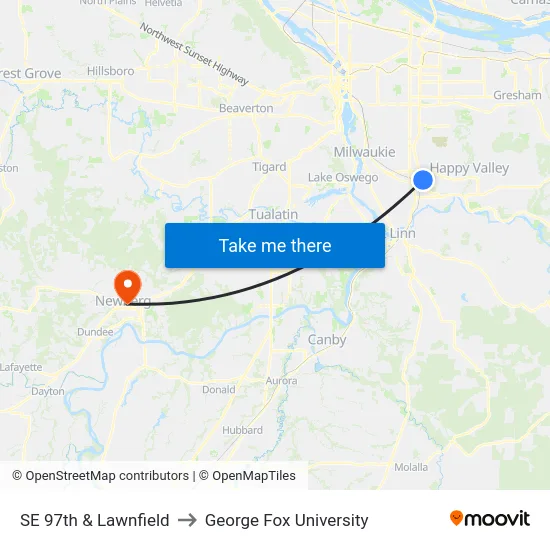 SE 97th & Lawnfield to George Fox University map
