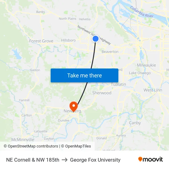 NE Cornell & NW 185th to George Fox University map