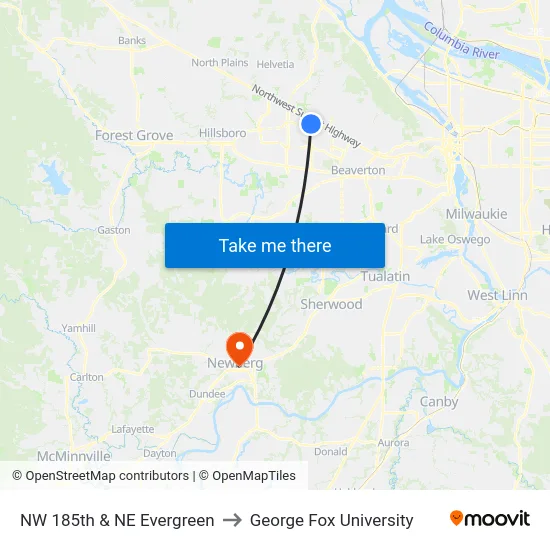 NW 185th & NE Evergreen to George Fox University map