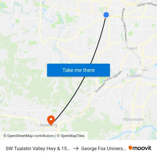 SW Tualatin Valley Hwy & 153rd to George Fox University map