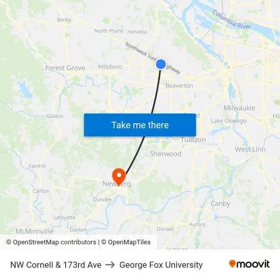 NW Cornell & 173rd Ave to George Fox University map