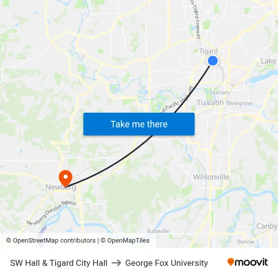 SW Hall & Tigard City Hall to George Fox University map
