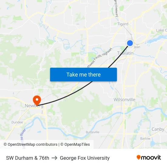 SW Durham & 76th to George Fox University map
