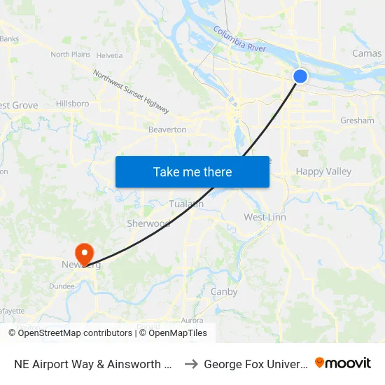 NE Airport Way & Ainsworth Circle to George Fox University map
