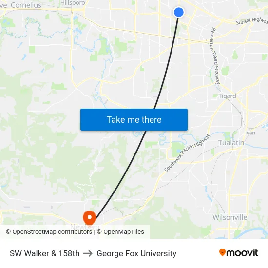 SW Walker & 158th to George Fox University map