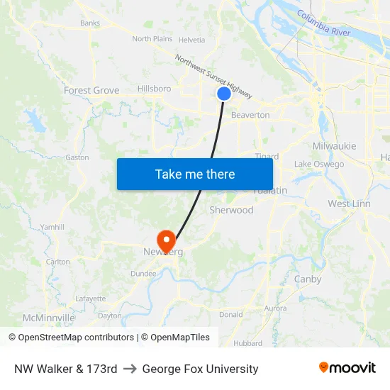 NW Walker & 173rd to George Fox University map
