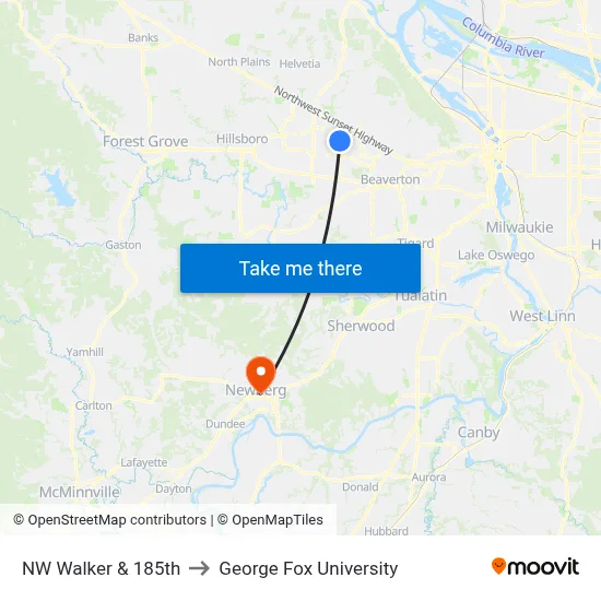 NW Walker & 185th to George Fox University map