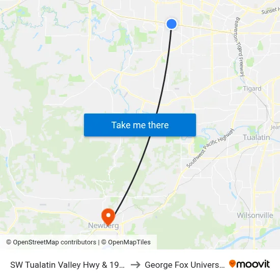 SW Tualatin Valley Hwy & 198th to George Fox University map