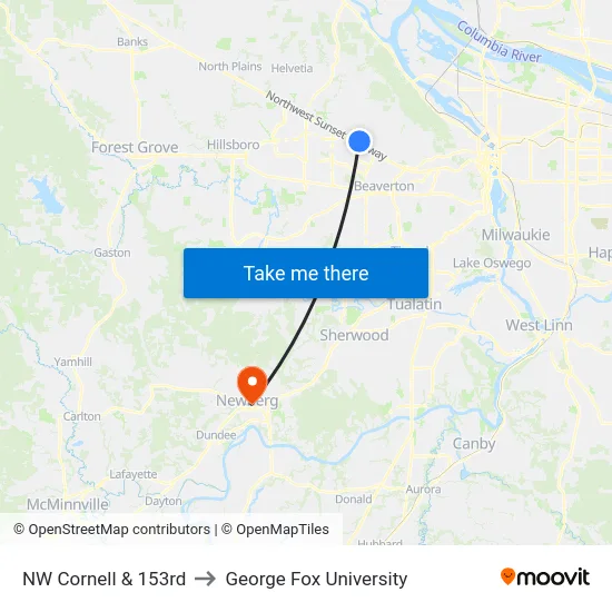 NW Cornell & 153rd to George Fox University map