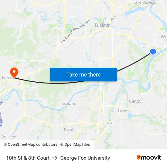 10th St & 8th Court to George Fox University map