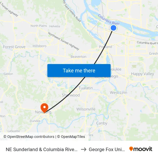 NE Sunderland & Columbia River Corr Inst to George Fox University map