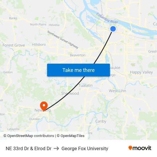 NE 33rd Dr & Elrod Dr to George Fox University map