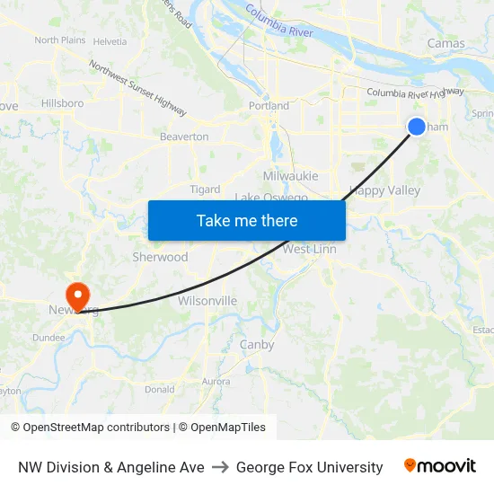 NW Division & Angeline Ave to George Fox University map