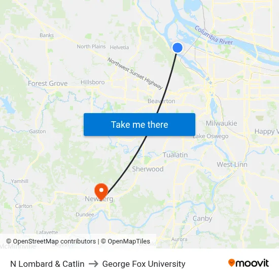 N Lombard & Catlin to George Fox University map