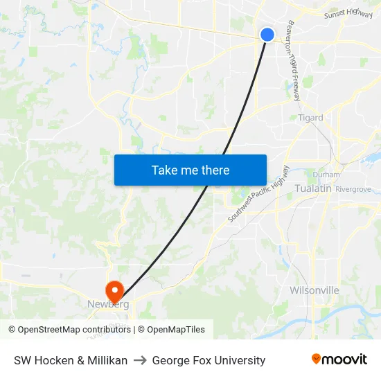 SW Hocken & Millikan to George Fox University map