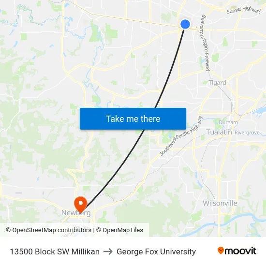 13500 Block SW Millikan to George Fox University map