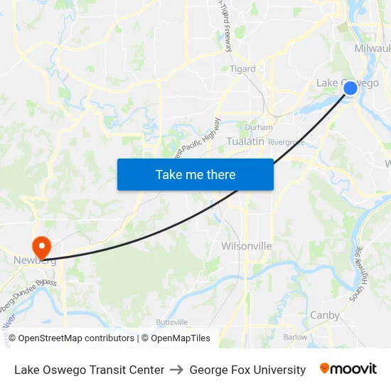 Lake Oswego Transit Center to George Fox University map