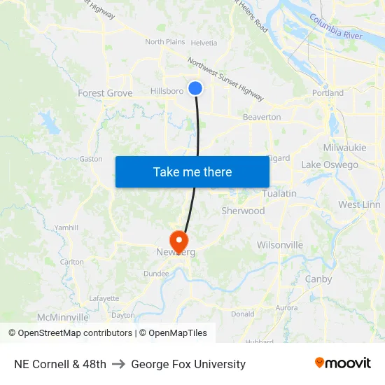 NE Cornell & 48th to George Fox University map