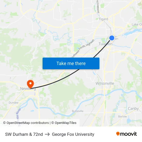 SW Durham & 72nd to George Fox University map