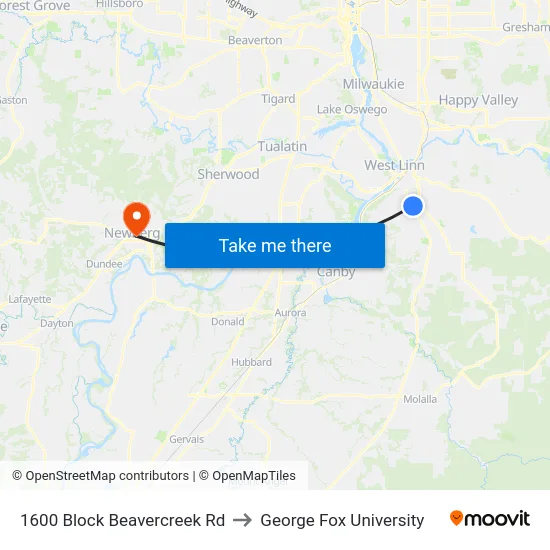 1600 Block Beavercreek Rd to George Fox University map