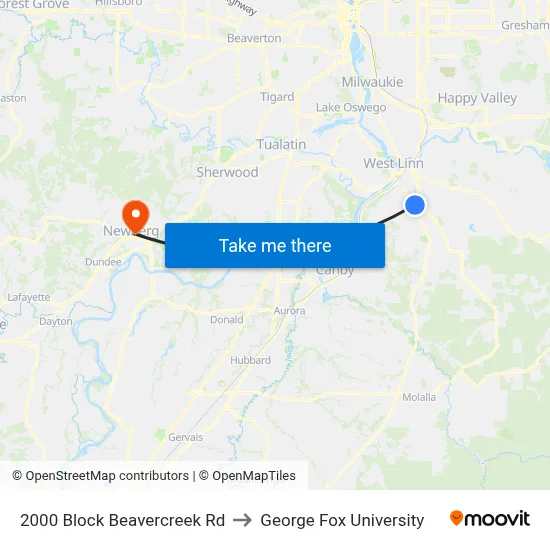 2000 Block Beavercreek Rd to George Fox University map