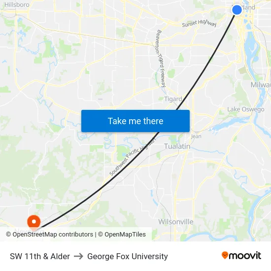SW 11th & Alder to George Fox University map