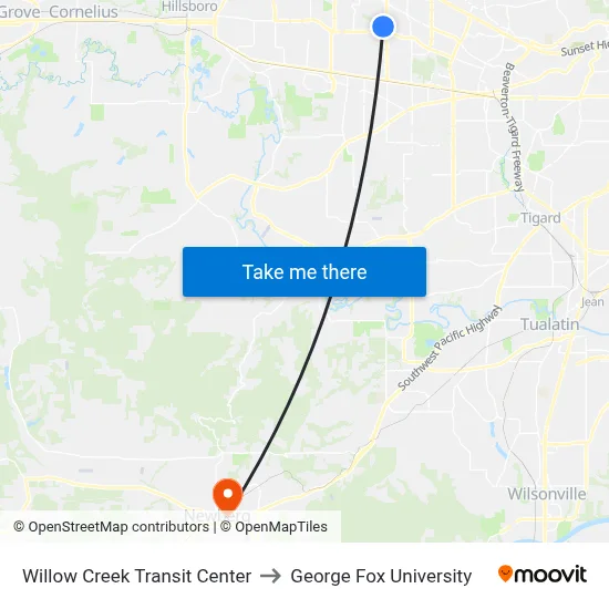Willow Creek Transit Center to George Fox University map