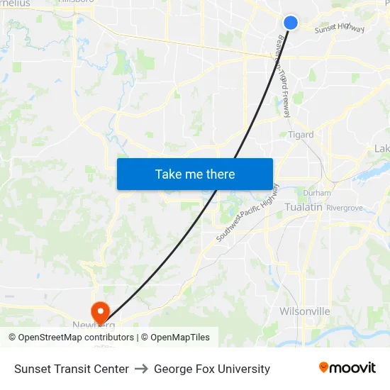 Sunset Transit Center to George Fox University map
